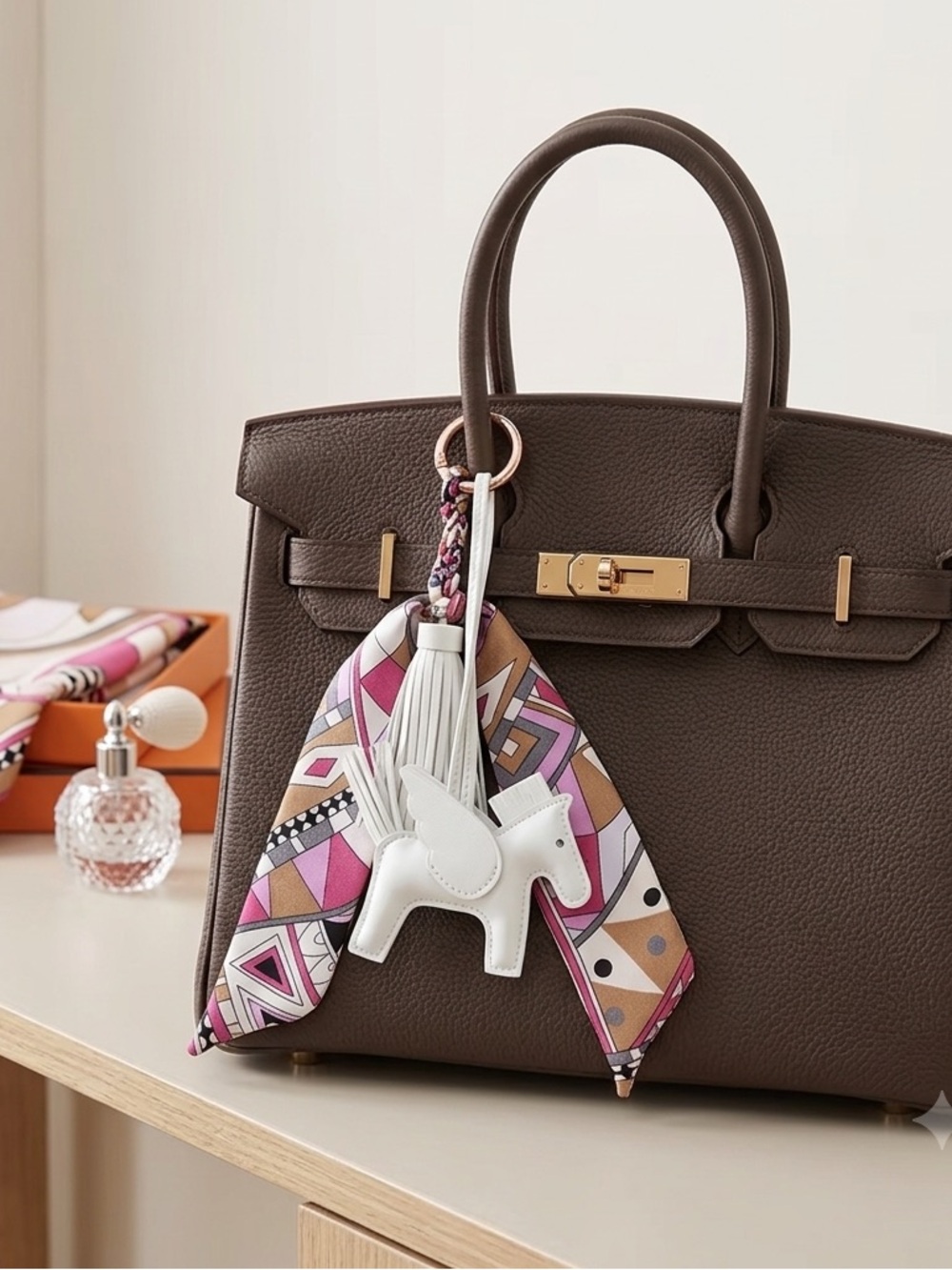 Luxury Pegasus Horse Leather Bag Charm with Twilly-Wrapped-Tassel - White